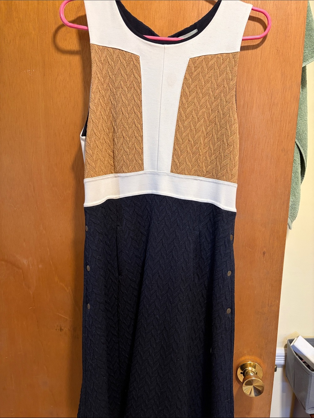 Maeve Navy, Tan & White Knit Colorblock Sleeveless Dress